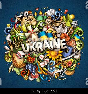 Ukraine dessin main dessin dessin dessin animé Doodle illustration. Drôle de design ukrainien. Arrière-plan vectoriel créatif. Texte manuscrit avec éléments de pays européens a Illustration de Vecteur