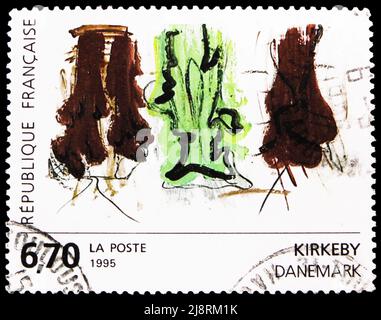 MOSCOU, RUSSIE - 14 MAI 2022 : timbre-poste imprimé en France montre Kirkeby (Danemark), série de peintures 1995, vers 1995 Banque D'Images