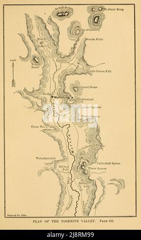 Plan de la vallée de Yosemite d'après le livre ' Two Years in California ' de Mary Cone, éditeur de Chicago, S.C. Griggs and Company 1876 Une résidente de Marietta, Ohio, Mary Cone a passé deux ans en Californie en 1870s. Deux ans en Californie (1876) est plus un guide qu'un récit de première personne de ses expériences en Occident. Elle traite de l'histoire, du climat, de l'agriculture et de la géographie de l'État avant de se tourner vers ses régions : le sud de la Californie (San Diego, Los Angeles, Santa Barbara), les vallées de Sacramento et de San Joaqun (avec des chapitres sur les ranchs individuels de Sacramento), la redw du nord de la Californie Banque D'Images