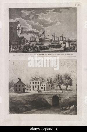 LANCEMENT DE LA FRÉGATE À VAPEUR FULTON LE PREMIER, À New York, 29™ oct 1814, Stone Bridge, TAVERN AND GARDEN, CANAL ET BROADWAY, 1812 l'iconographie de Manhattan Island, 1498-1909 compilée à partir de sources originales et illustrée par des reproductions photo-intaglio de cartes, plans, vues et documents importants dans des collections publiques et privées - Volume 3 par Isaac Newton Phelps Stokes, éditeur New York : Robert H. Dodd 1918 Banque D'Images