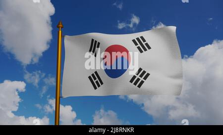 Drapeau national de la Corée du Sud agitant 3D Render avec mât et ciel bleu, drapeau de la République de Corée textile par Gojong, armoiries Corée du Sud Banque D'Images