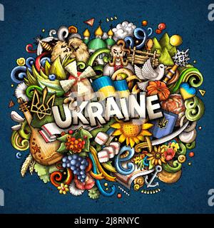 Ukraine dessin main dessin dessin dessin animé Doodle illustration. Drôle de design ukrainien. Arrière-plan vectoriel créatif. Texte manuscrit avec éléments de pays européens a Illustration de Vecteur