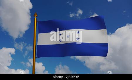 Drapeau national du Honduras 3D Render avec mât et ciel bleu, drapeau du honduras basé sur la République fédérale d'Amérique centrale, drapeau de la République Banque D'Images