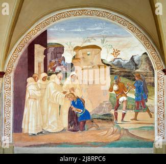 Storie di San Benedetto - il Santo rimprovera Valeriano - affresco - Luca Signorelli - 1495 - Monte Oliveto Maggiore (si) ,Italia, Abbazia Olivetana Banque D'Images