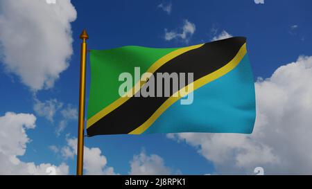 Drapeau national de la Tanzanie agitant 3D Render avec mât et ciel bleu, United Republic of Tanzania Flag textile ou Swahili bendera ya Tanzania, manteau Banque D'Images