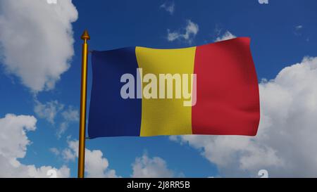 Drapeau national de la Roumanie 3D Render avec mât et ciel bleu, République de Roumanie drapeau textile ou drapelul Romaniei, armoiries Roumanie Banque D'Images