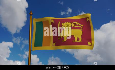 Drapeau national du Sri Lanka agitant 3D Render avec le mât et le ciel bleu, République socialiste démocratique du Sri Lanka drapeau textile, armoiries Sri Banque D'Images