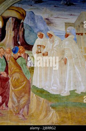 Storie di San Benedetto - Particolare da « il Santo évangélizza Montecassino »- affresco - Luca Signorelli - 1495 - Monte Oliveto Maggiore (si),Italia Banque D'Images