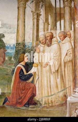 Storie di San Benedetto - Particolare da " Fiorenzo tenta di avvelenare il santo " - affresco - Sodoma - 1505 - Monte Oliveto Maggiore (si) ,Italie, Banque D'Images