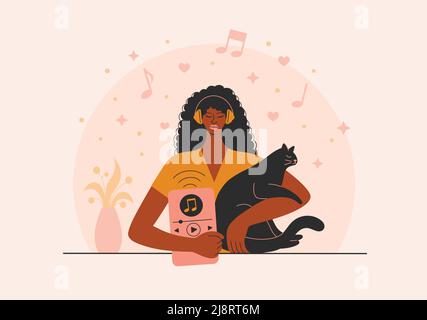 Femme afro avec écouteurs écoutant de la musique. Illustration de Vecteur