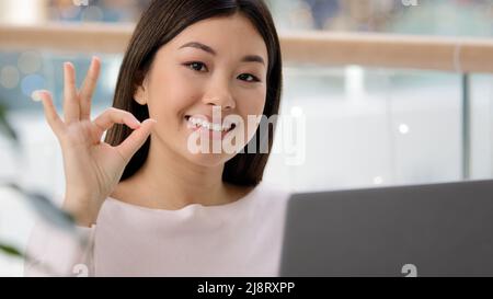 Asian Happy lady korean réussi comitable femme d'affaires pigiste étudiante fille gagnante femme spécialiste avec ordinateur portable montrant OK geste ok signe ap Banque D'Images