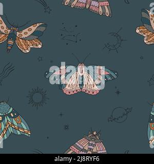 Papillon de nuit, symboles du ciel, du soleil et de la lune, motif vectoriel sans couture. Illustration de Vecteur