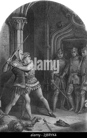 Affaire de la tour de Nesle : arrêt des freres Gauthier et Philippe d'Aunay (Aulnay) par Louis (futur Louis X), Philippe (futur Philippe V et Charles (futur Charles IV) fils du roi Philippe IV le Bel qui les accuse d'adultère avec ses belles-filles Blanche de Bourgogne et sa soeur Marguerite de Bourgogne en 1314 (Tour de Nesle affaire : Scandale parmi la famille royale française en 1314, au cours duquel Margaret, Blanche et Joan, les filles du roi Philippe IV, sont accusées d'adultère, les chevaliers normands et les frères Gauthier et Philippe d'Aunay, amoureux de Blanche et Margaret , GET Banque D'Images