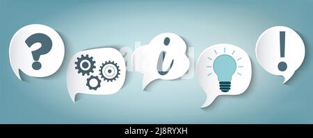 Bulle de discours blanche avec des symboles d'assistance aide aide questions et assistance. Informations sur la FAQ ou concept de service client. Arrière-plan bleu Banque D'Images