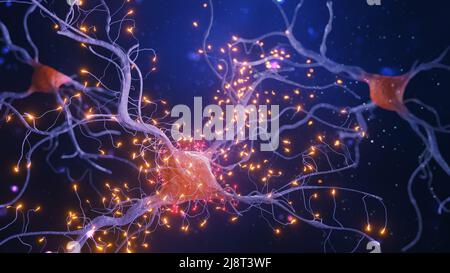 3d illustration de cellules neurone avec des impulsions lumineuses sur fond sombre. Banque D'Images