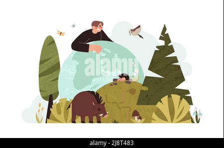 Illustration vectorielle plate de l'écosystème et de la biodiversité. Soins et protection de l'homme animaux sauvages, mammifères, oiseaux, flore et faune sur la planète. Sauver la vie des espèces biologiques, de la terre et des habitats forestiers. Illustration de Vecteur