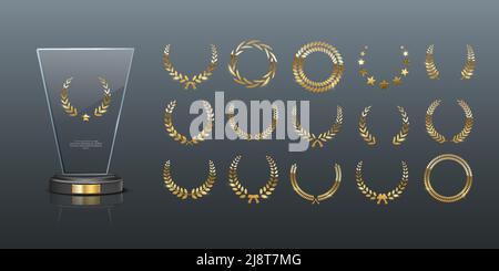 Prix du verre avec illustration vectorielle de couronne de Laurier or. 3d prix réaliste de maquette acrylique ou cristal pour le champion avec différentes branches de l Illustration de Vecteur