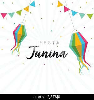 Carte de vœux Festa Junina avec lanternes suspendues et drapeaux à banderoles décorés sur fond de rayons blancs. Illustration de Vecteur