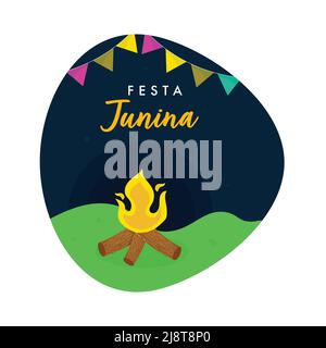 Festa Junina Celebration Poster Design avec Bonfire, drapeaux de banderole sur fond abstrait. Illustration de Vecteur