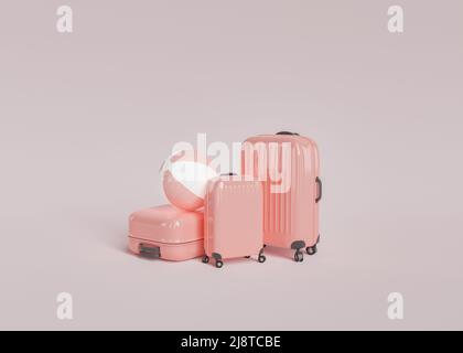 3D illustration de valises roses modernes et ballon de plage rayé préparé pour les vacances d'été sur fond gris Banque D'Images