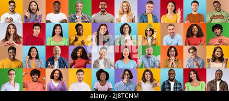 Satisfait, choqué international hommes et femmes font des gestes, des signes avec les mains, isolé sur fond coloré Banque D'Images