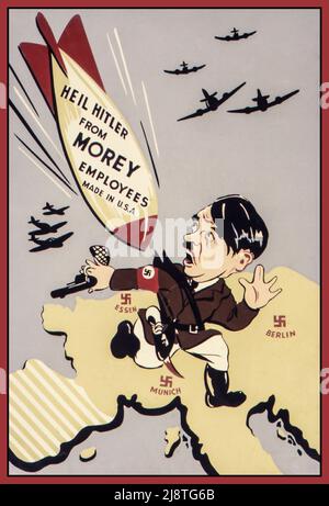 WW2 Poster de propagande des États-Unis présentant une caricature de dessin animé effrayée à la course Adolf Hitler au-dessus d'une croix gammée l'Allemagne nazie avec une bombe à munitions Morey américaine. « Heil Hitler, des employés de Morey. Fabriqué aux É.-U. entre les années 1942 et 1943 environ Office for Emergency Management. Office de production de guerre. (01/1942 - 11/03/1945) Seconde Guerre mondiale Banque D'Images