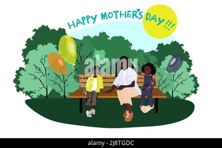 La famille afro-américaine heureuse est assise sur un banc de parc par temps ensoleillé avec une illustration vectorielle de ballons Illustration de Vecteur