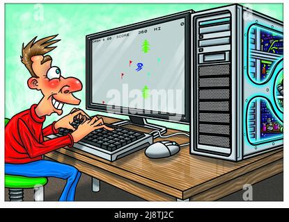 Illustration artistique d'un jeune homme/garçon jouant à un jeu informatique sur ordinateur de jeu sur PC personnalisé, passe-temps de jeu, activités de loisirs, passe-temps de temps libre Banque D'Images