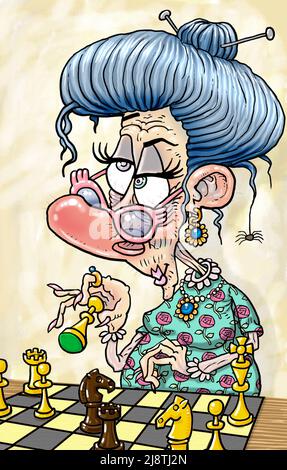 Art humoristique d'une femme mature joueur d'échecs, illustrant les femmes dans les échecs, les passe-temps, les activités de loisirs, les moyens de rester mentalement actif, les jeux de compétition. Banque D'Images
