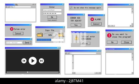 Anciennes fenêtres d'interface. Message d'erreur rétro, navigateur Internet et gestionnaire de fichiers conception de logiciel classique. Vecteur des anciens éléments du système Illustration de Vecteur
