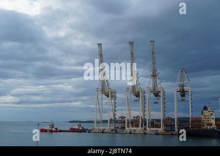 De nouvelles grues à portique très hautes modernes en position verticale attendant l'opération de cargaison sous un ciel spectaculaire avec des nuages bleu foncé. Banque D'Images