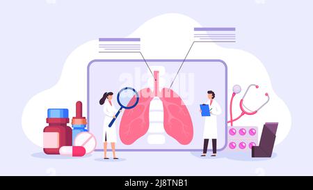 Concept avec les médecins vérifier le diagnostic. Les travailleurs médicaux féminins et masculins vérifient les poumons avec la loupe, prescrivant des pilules Illustration de Vecteur