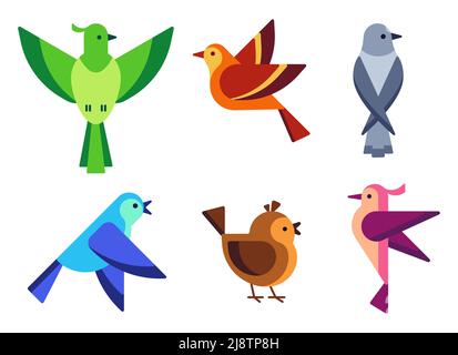 Oiseaux plats colorés avec ailes. Des personnages volants lumineux avec des plumes dans la faune. Petits pigeons chanteurs et des moineaux Illustration de Vecteur
