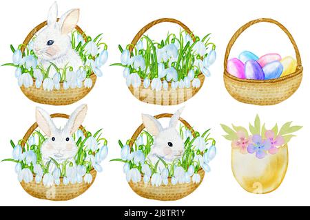 Joli lapin blanc dans un panier avec des gouttes d'eau blanches ensemble d'illustrations. Carte tirée à la main pour Pâques et les vacances de printemps. Imprimer sur du tex pour enfants Banque D'Images