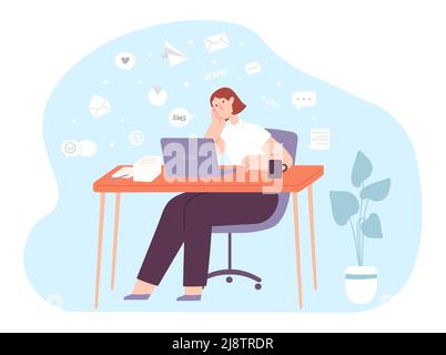 Surcharge d'informations. Femme assise au bureau avec un ordinateur portable ayant beaucoup de travail. Personnage féminin stressé travaillant avec des documents Illustration de Vecteur