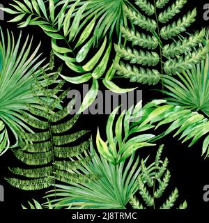 Motif aquarelle sans couture avec feuilles et fougères vertes tropicales. Feuillage de palmier de jungle dessiné à la main isolé sur fond noir. Toile de fond exotique. Été Banque D'Images