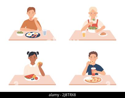 Les enfants mangent. Garçons et filles assis à table et prenant le petit déjeuner. Joyeux petits personnages féminins et masculins mangeant des aliments différents Illustration de Vecteur