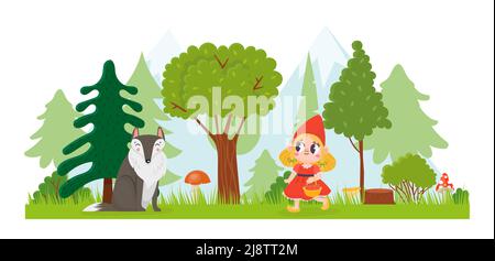 Petite cagoule rouge. Fille marchant avec le panier dans la forêt. Loup animal assis parmi les arbres. Conte de fées avec enfant heureux Illustration de Vecteur