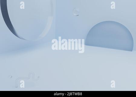 Composition abstraite de coin avec des figures géométriques en verre transparent podium et balle sur fond bleu clair Banque D'Images