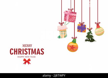 Noël et bonne année de fond. Balles et boîte-cadeau, arbre suspendu sur le ruban. Composition des vacances d'hiver. Carte de vœux, bannière, affiche Illustration de Vecteur