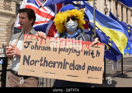 Les militants anti-Brexit ont organisé une manifestation devant les chambres du Parlement en réponse à des rapports selon lesquels le gouvernement prévoit de modifier le Protocole d'Irlande du Nord. Banque D'Images