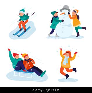 Activités d'hiver pour les enfants. Des enfants gais skier sur des collines enneigées, faire bonhomme de neige avec chapeau, faire du traîneau à cheval Illustration de Vecteur