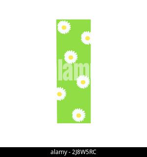 Capitale vert vif décoré avec des fleurs de printemps dessiné à la main lettre I de l'alphabet anglais dessin animé simple style illustration vectorielle, abc calligraphique, mignon drôle écriture, doodle et lettrage Illustration de Vecteur
