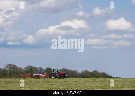 Un tracteur avec faneuse de foin tournant les déblais d'herbe dans le pré. Photo de haute qualité Banque D'Images
