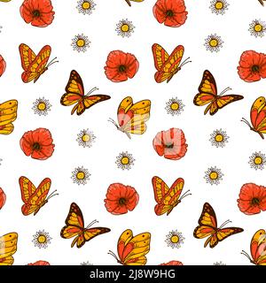 Motif papillon coloré sans couture avec coquelicots et chamomiles. Motif été. Illustration vectorielle dessinée à la main Illustration de Vecteur