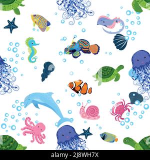Vie marine, poissons, animaux lumineux sans couture. voyage en mer, plongée sous-marine animaux poissons tropicaux.Méduse, baleine, requin, hippocampe, poisson-clown, Illustration de Vecteur