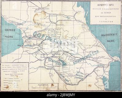 Carte routière des communications dans la République socialiste fédérative soviétique de Transcaucasie pour les touristes et les touristes. Banque D'Images