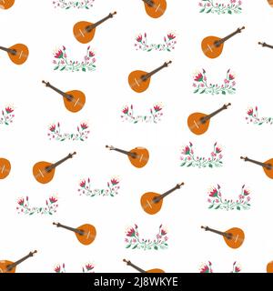 Guitare portugaise modèle sans couture avec fleurs, tuiles azulejo typiques. Musique et traditions musicales Illustration de Vecteur