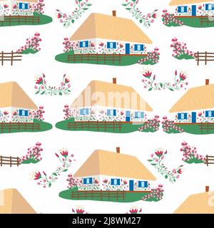 Maison traditionnelle ukrainienne à motifs sans couture avec murs blancs, toit de chaume, jardin fleuri et clôture en osier. Illustration de Vecteur