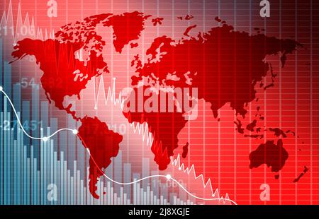 Déclin de l'économie mondiale et des entreprises déclin ou chute économique et crise économique mondiale avec une économie internationale en chute avec une tendance à la baisse. Banque D'Images